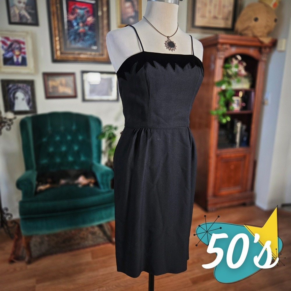 Vintage 50s‎ Black Wiggle Dress Pinup Spaghetti Strap Classic Mid Century